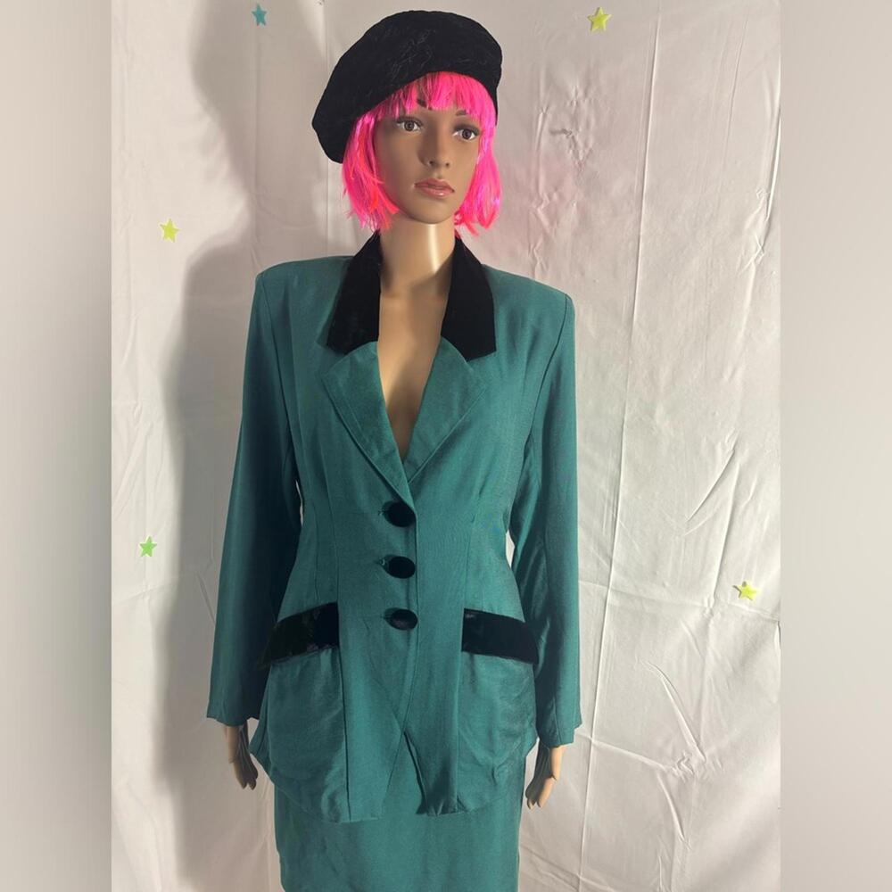 VTG 90s Teal+Black Velvet Structured Blazer and Pencil Skirt Set Size S - Picture 14 of 15